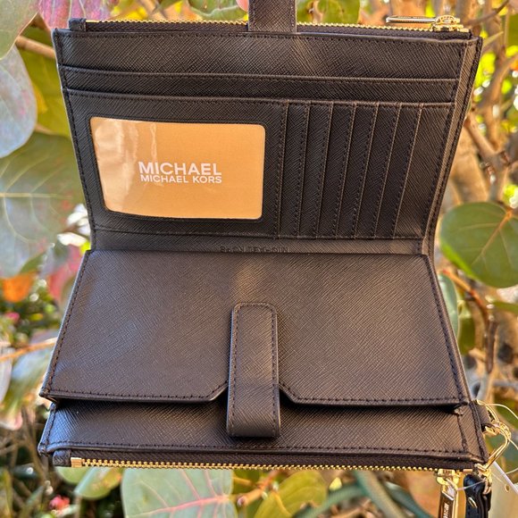 Michael Kors Jet Set Travel Large Double Zip Wallet Black/Gold - Picture 3 of 4